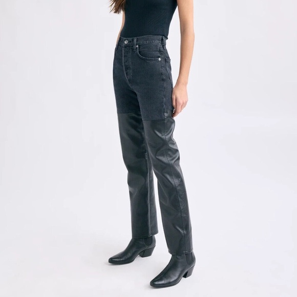 AGOLDE Woman's Black Pieced 90s Pinch Waist Leather Jeans Size 24 - Picture 2 of 9